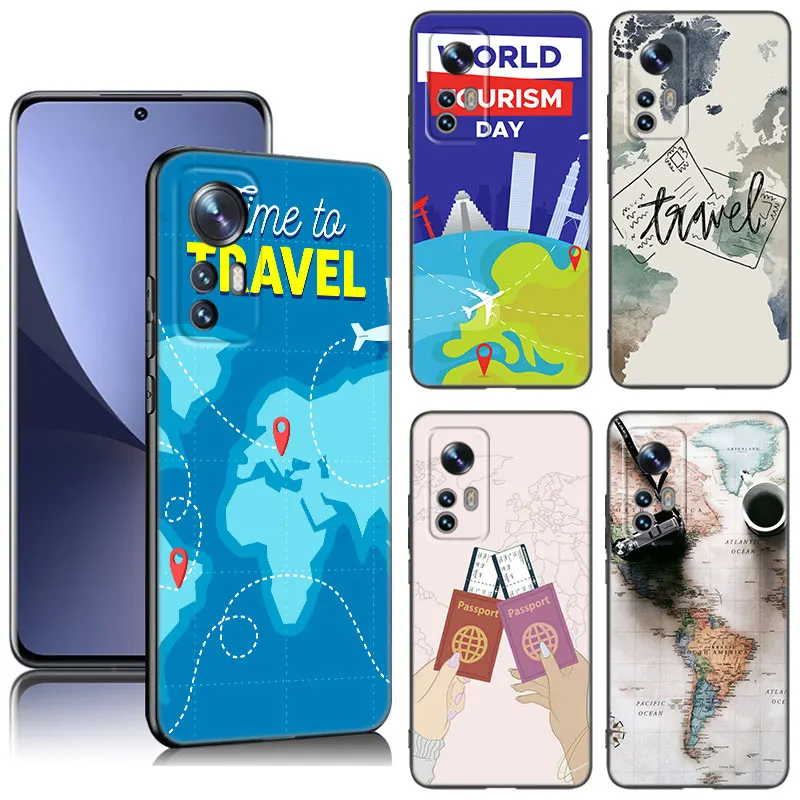 

World Map Travel Phone Case For Xiaomi Mi 8 9 SE 10 10T 11 12 13 Lite 9T 11T 12S 12T 13 Pro 12X 11i Black Silicone Cover