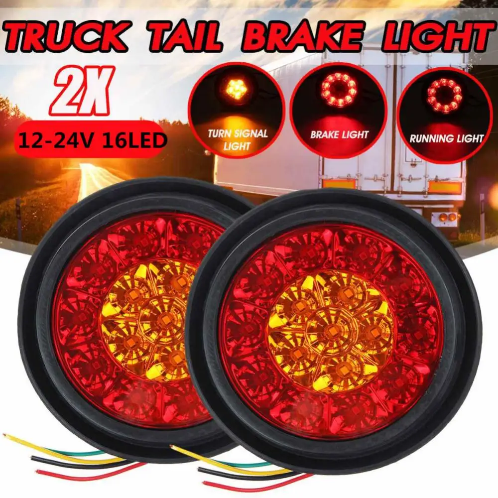 

1/2pcs Truck Taillight Amber 16 LED Dual-Color Warning Lamp For Brake Stop Turn Signal Round Rear Light For Truck Trailer Lorry