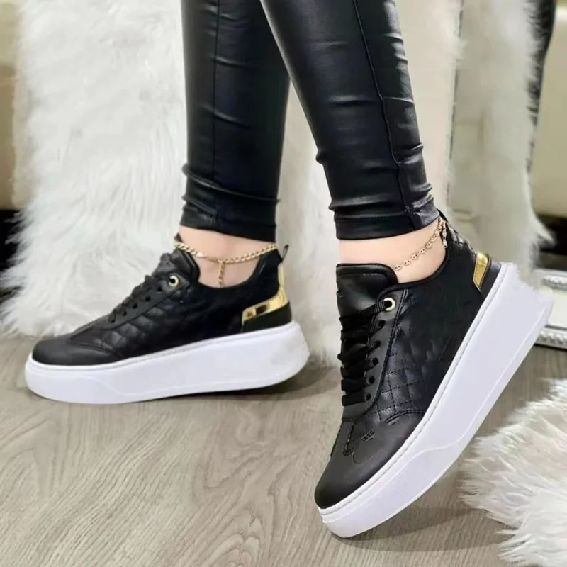 

Women's Shoes 2023 New Fashion Tennis Thick Bottom Vulcanized Shoes Casual Leather Lace Up Outdoor Running Black Chaussure Femme