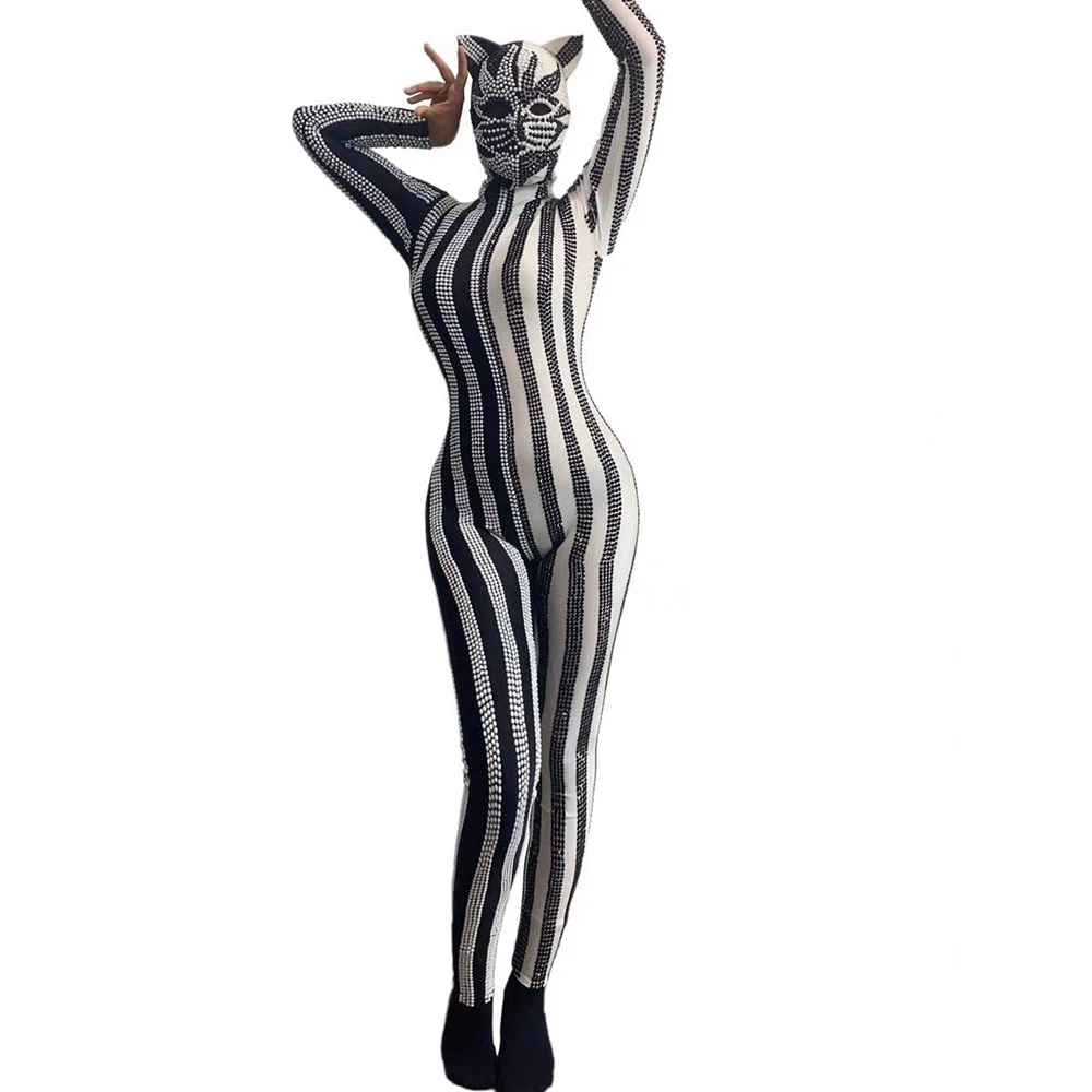 

Cat Jumpsuit Sexy Women Shining Diamonds Cosplay Stage Costume Party Rave Festival Clothing Drag Queen Outfits