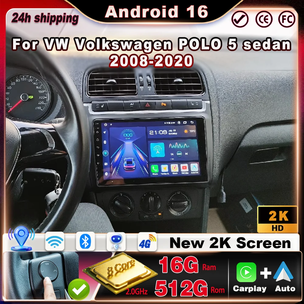 Фото Автомагнитола для VW Volkswagen POLO 5 седан 2008-2020 с Android Auto, Carplay, мультимедийным стереомонитором, навигацией и сенсорным экраном. №1