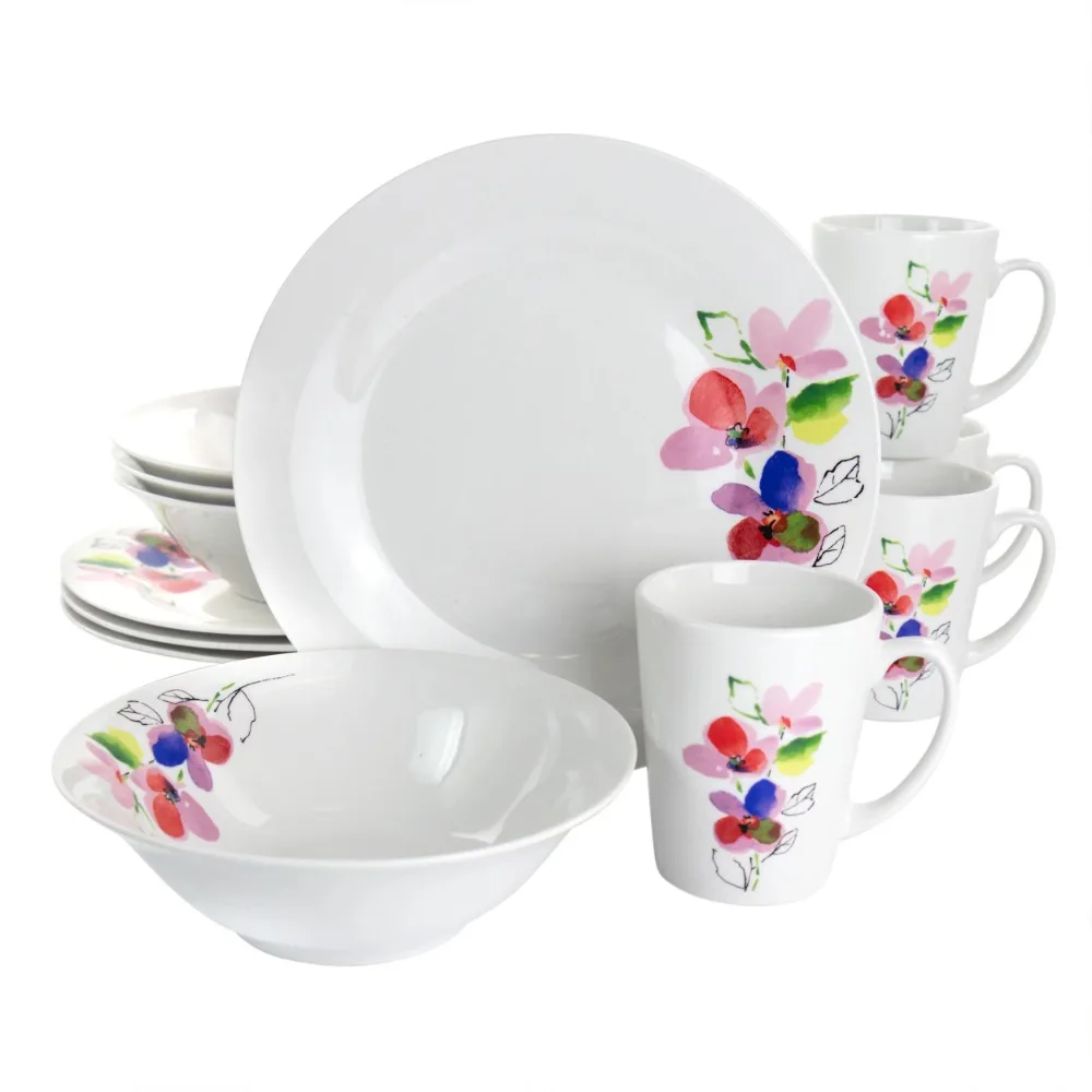 Vineyard Rose 12 Piece Round Fine Ceramic Dinnerware Set In 