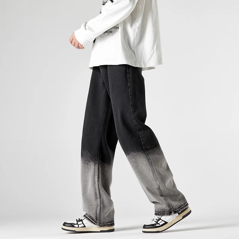 Blue Black Jeans Men Fashion Retro Gradient Straight Jeans Men Japanese Streetwear Hip-hop Loose Denim Pants Mens Trousers M-2XL