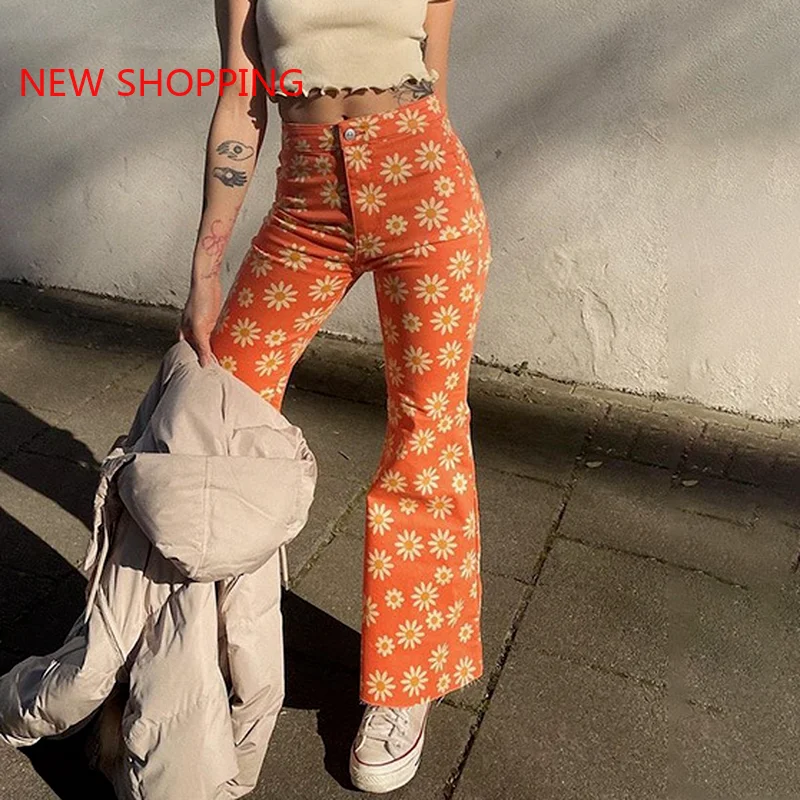 

90s Harajuku Retro Fashion Y2K Women Floral Print High Waisted Long Flared Pants Vintage 2022 Chic Trousers Cargo Pants Orange