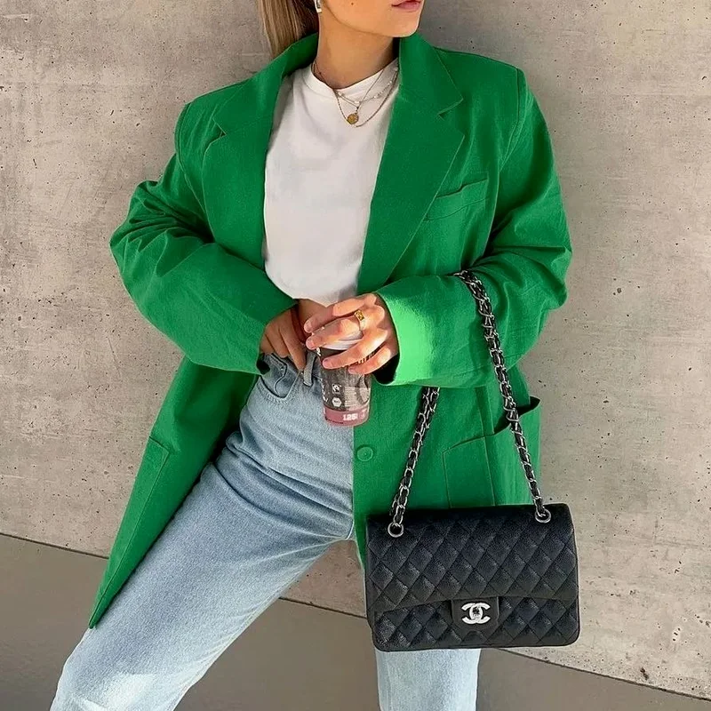 New Summer Women's Green Loose Thin Linen Suit Single-breasted Pocket Long-sleeved Suit Jacket Sexy Street Casual British Style