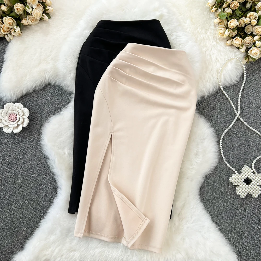 

Spring Midi Skirts for Women Beige/Black Shirring Split Bodycon Female Black Skirt Office Lady Elegant Basic Lerrgular Long New