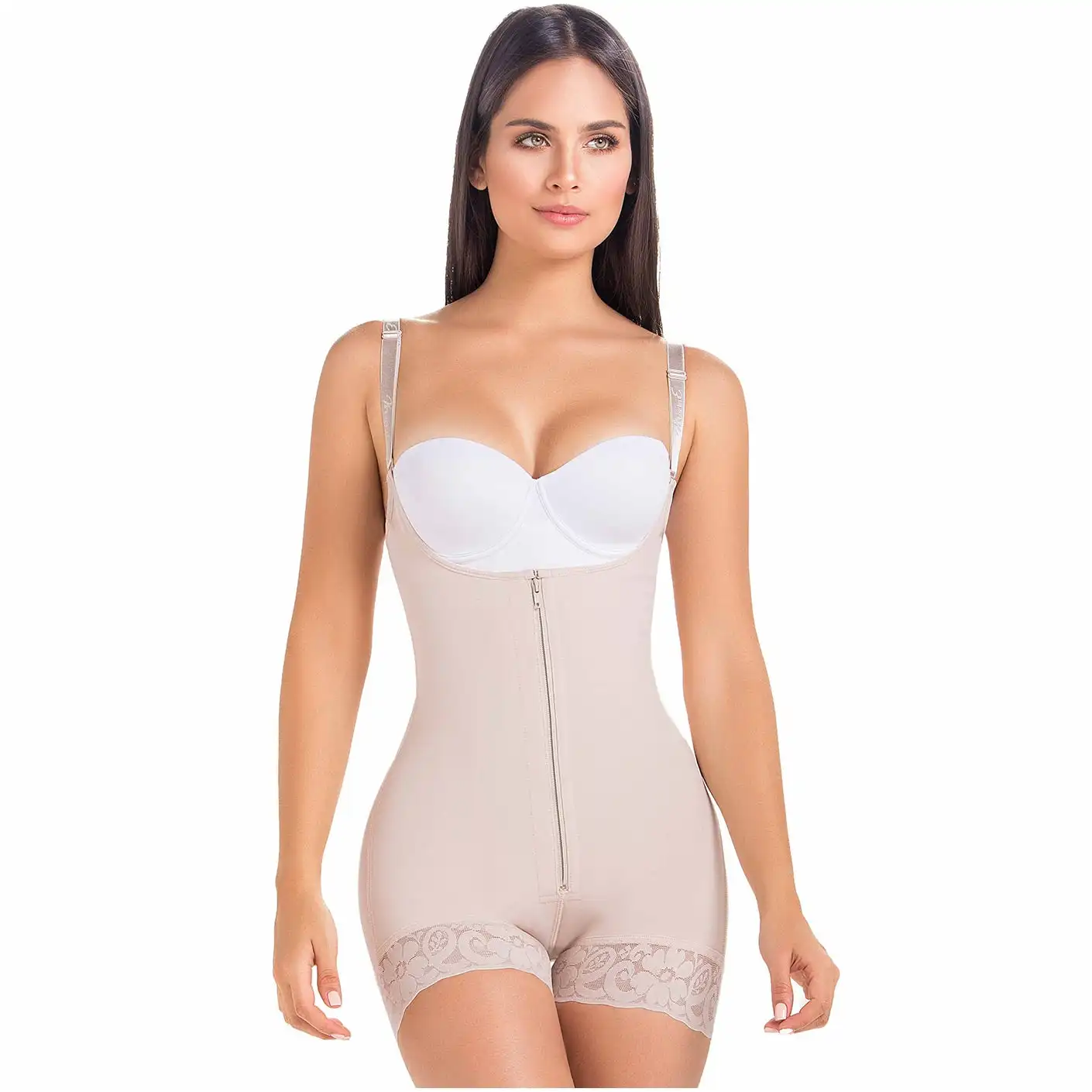 Open Chest Sleeveless Bodysuit Shoulder Strap Zipper Shapewear