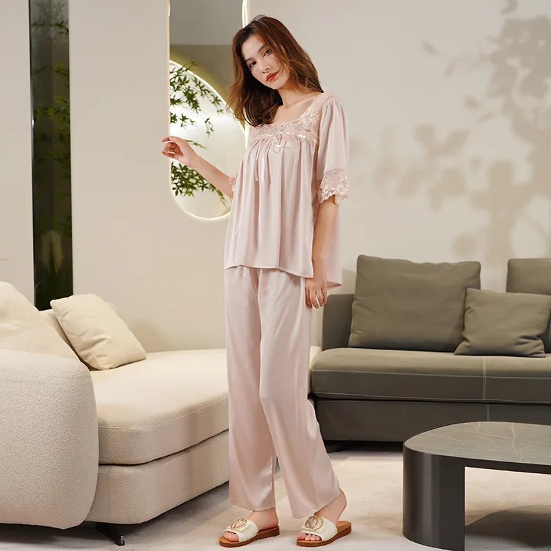 New Summer Pajamas for Women's French Style Retro Princess Style Lace Sweet Small Fresh Short-sleeved Trousers Home Service Suit