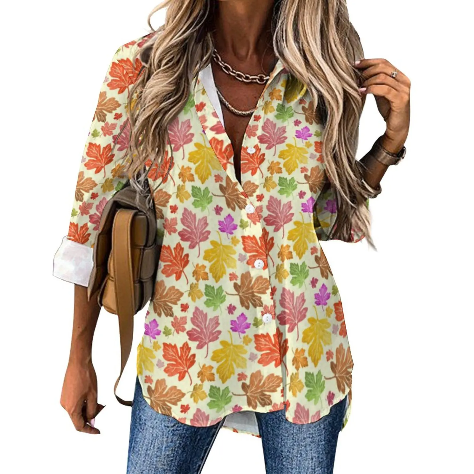 

Autumn Leaf Print Casual Blouse Colorful Maple Leaves Design Blouses Women Long Sleeve Street Fashion Shirt Autumn Oversize Tops
