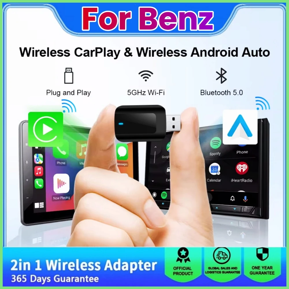 Фото Новый мини беспроводной адаптер Carplay Android Auto 2 в 1 Plug and Play для Mercedes Benz A C E S GLA GLB GLC 300 GLE GLS EQB EQC №1