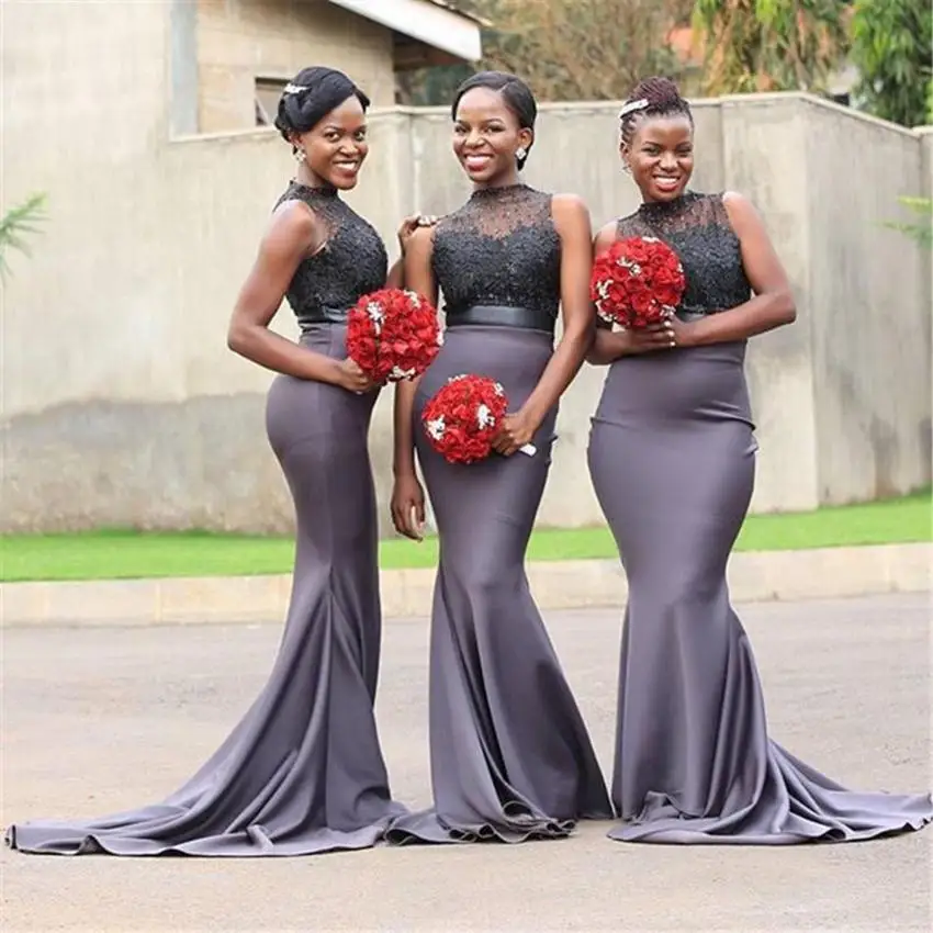 

New High Neck Mermaid Bridesmaid Dresses Floor-Length Sweep Train Beaded Satin long Wedding Party Events