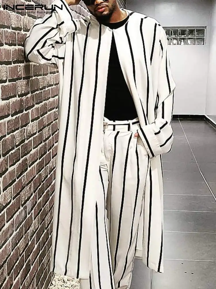Handsome Well Fitting New Men Striped Cardigan Jubba Thobe Islam Muslim Male Hot Sale Kaftan Long Sleeve Robe S-5XL INCERUN 2022