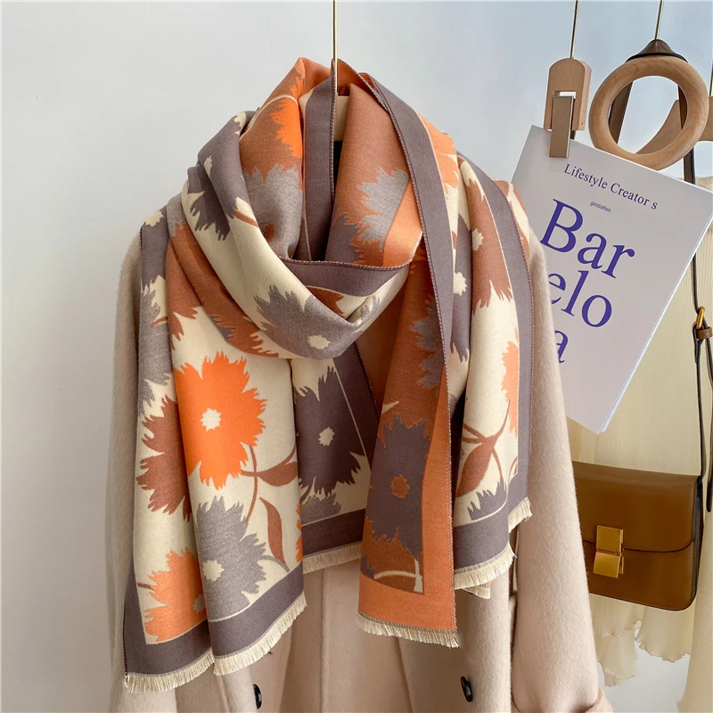 

2022 New Design Cashmere Scarf for Women Thick Blanket Winter Shawl Warm Wraps Flower Print Neckerchief Poncho Bufanda Bandana