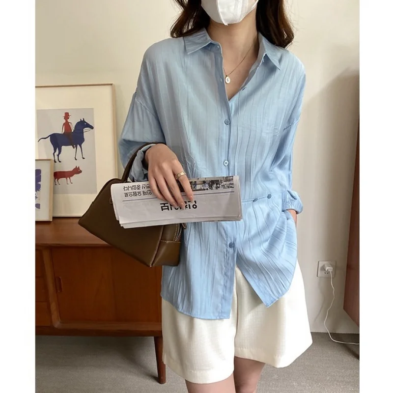 

2023 Korean women's Fashion Blouse with loose folds long sleeve sunscreen shirt