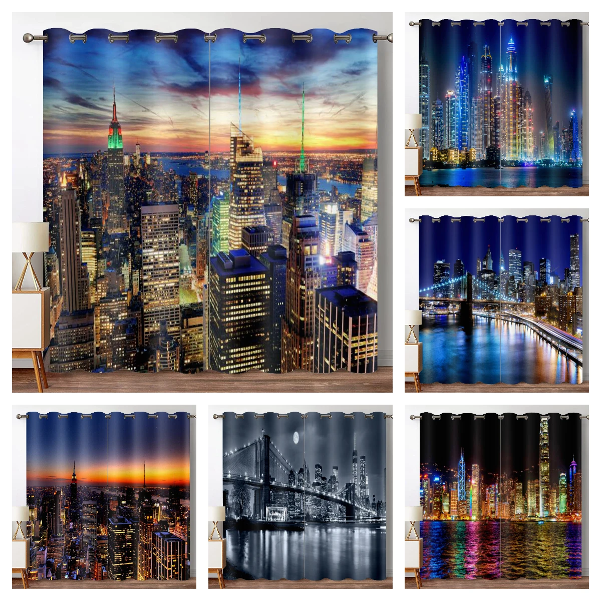 

New York City Curtain for Living Room Luxury Skyscrapers Window Curtains Bridge and Towers Sunset View Blackout Window Drapes