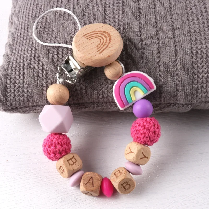 Персонализированное имя ручной работы зажимы для пустышки с радужной головой