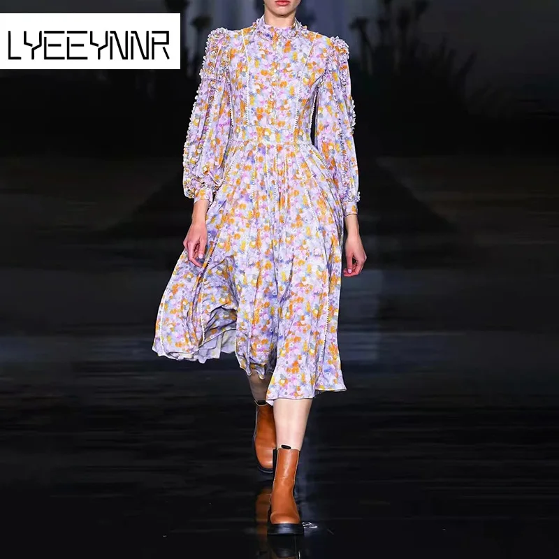 

Flower Printed Patchwork Sweet Dress Women Stand Collar Long Puff Sleeve Dresses Knee-length Single Breasted Gentle Robe Femme