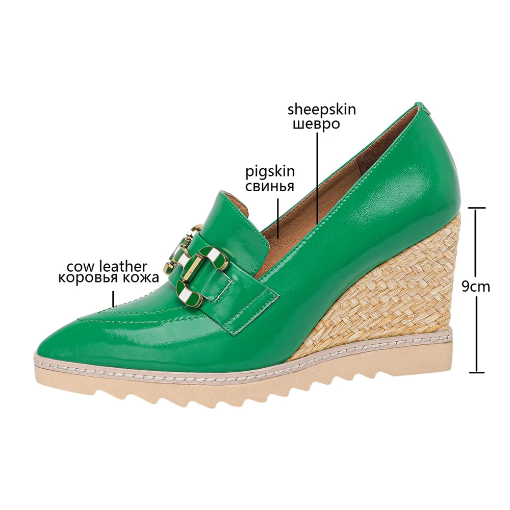 2022 New Fashion Women Leather Slip On Pumps Ladies Pointed Toe Patform Shoes Girls Wedges Shoes High Heel Loafers Black Green