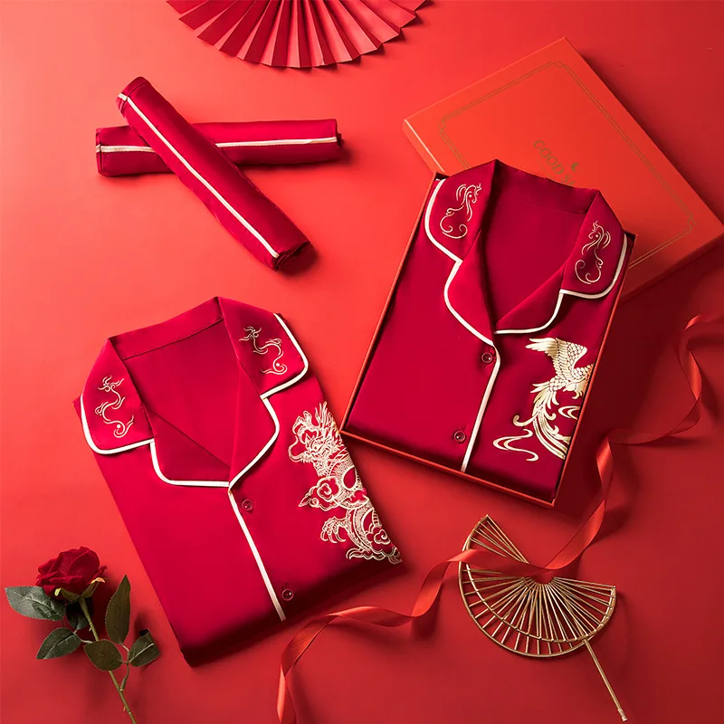 

Couple Men Dragon Phoenix Printed Stain Lapel Shirt Pants Summer Lovers Pajamas Pyjamas Homewear Can Be Worn Out Sleepwear