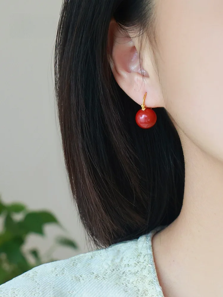 Женские серьги из натуральной киновари стерлинговое серебро S925 позолоченные