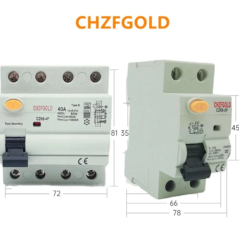 CHZFGOLD CZK1-4P TYPEB RCD RCCB Выключатель тока утечки на DIN-рейку постоянного 4-полюсный 40A 63A