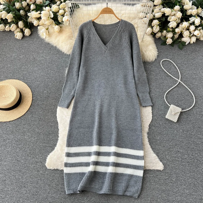 

Hikigawa Chic Fashion Women Autumn Versatile Striped Contrast Color V Neck Long Sleeve Knitted Dresses Autumn Vestidos Mujer