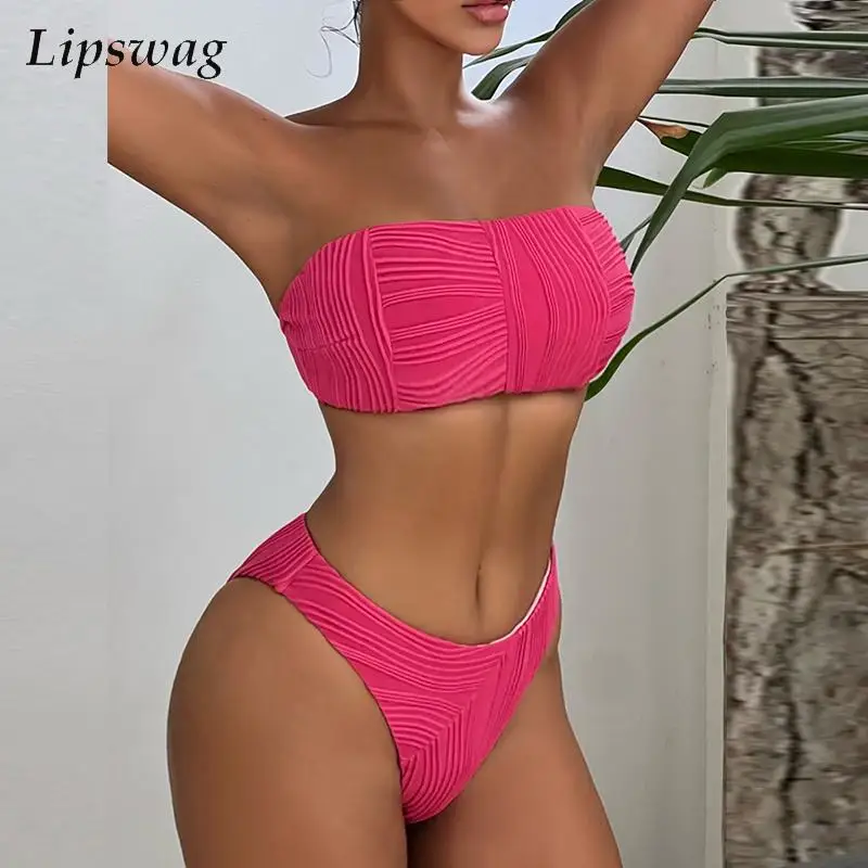 

Купальник-бикини женский плиссированный, пикантный модный купальный костюм в полоску, бандо без бретелек, бразильский купальник, на лето