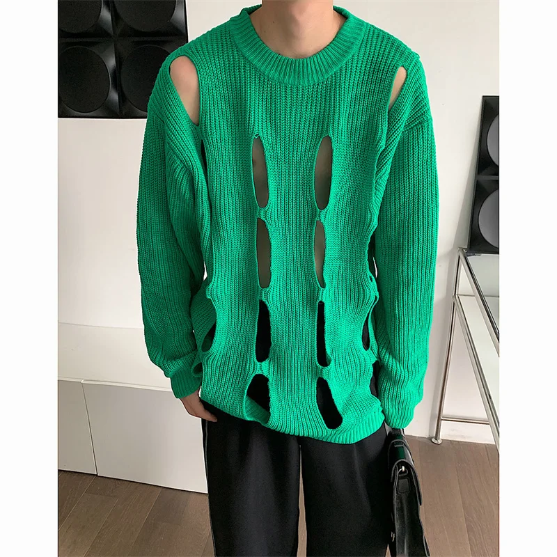 Sexy Hollow Out Design Sweater For Men And Women Unisex Korean Knitwear Mesh Red Fashionable Catwalk Top Slouchy Fashion Persona
