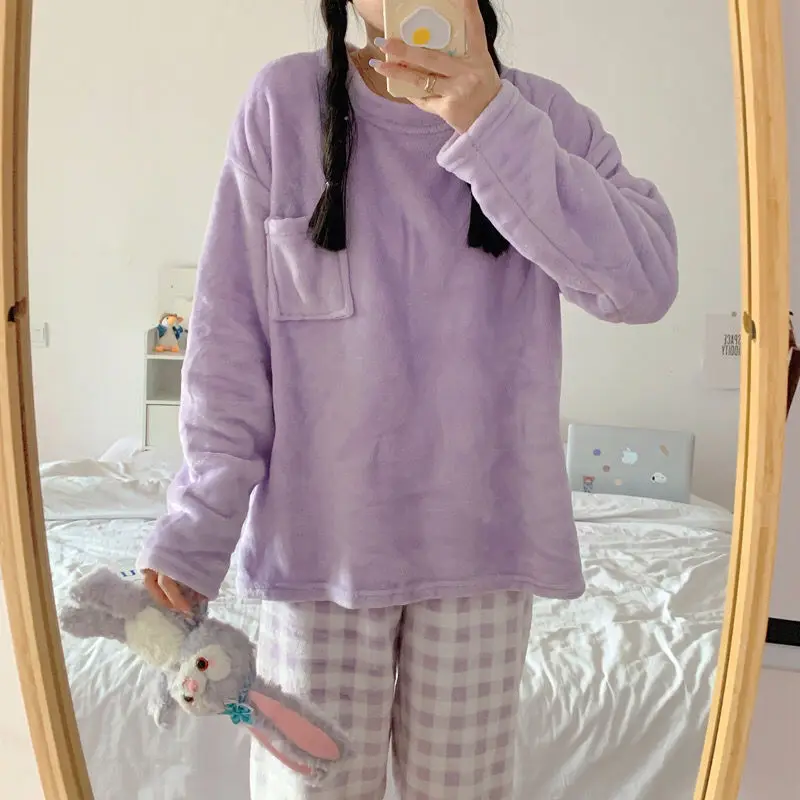 QWEEK Pajama Woman Winter Solid Color Coral Fleece Pijamas Plaid Bottoms Girls Home Clothes Lounge Wear Pyjamas Pour Femme Cute