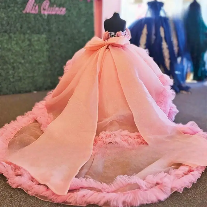 Розовые аппликации на заказ платья Quinceanera бальное платье многоуровневое