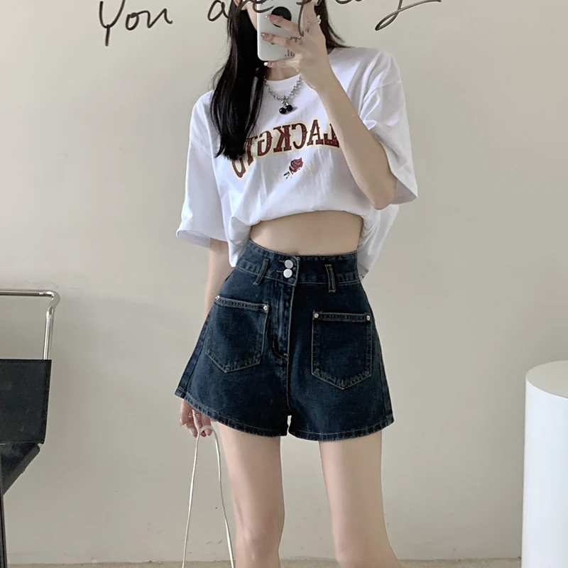 Heard Future 2023 Spring Summer Shorts Women High Waisted Blue Gray Straight Wide Pants Denim Short Korean Version Loose Commute