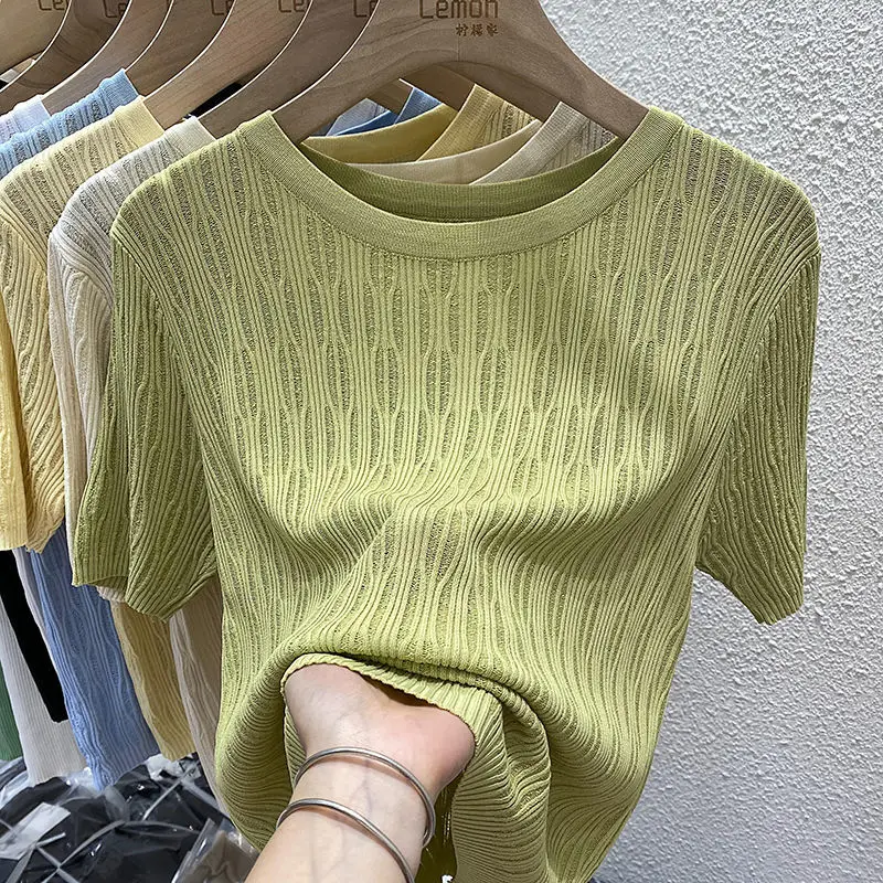 

Женские футболки, летний вязаный свитер из ледяного шелка, футболка с коротким рукавом, Женский Летний Тонкий Свободный черный ажурный топ