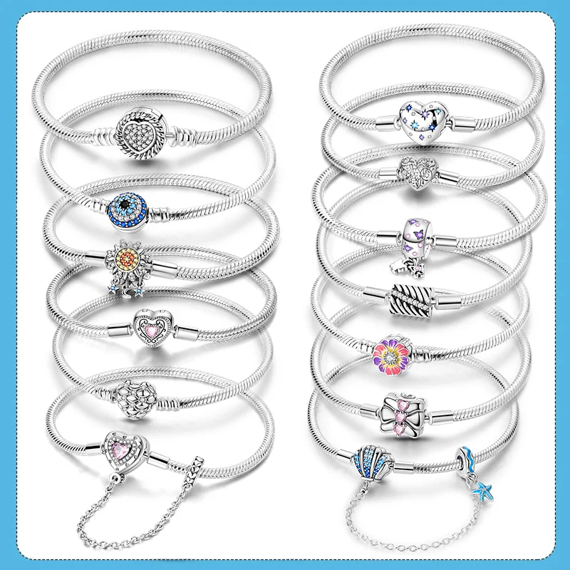 925 Ayar Gümüş Bilezik DIY Charms Boncuk Hediyeler Kadınlar Aşk Kalp Kelebek Yıldız Ay Bilezik