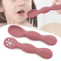 2pcs baby spoon silicone teether toys learning feeding training scoop utensils newborn tableware infant learning spoons teether