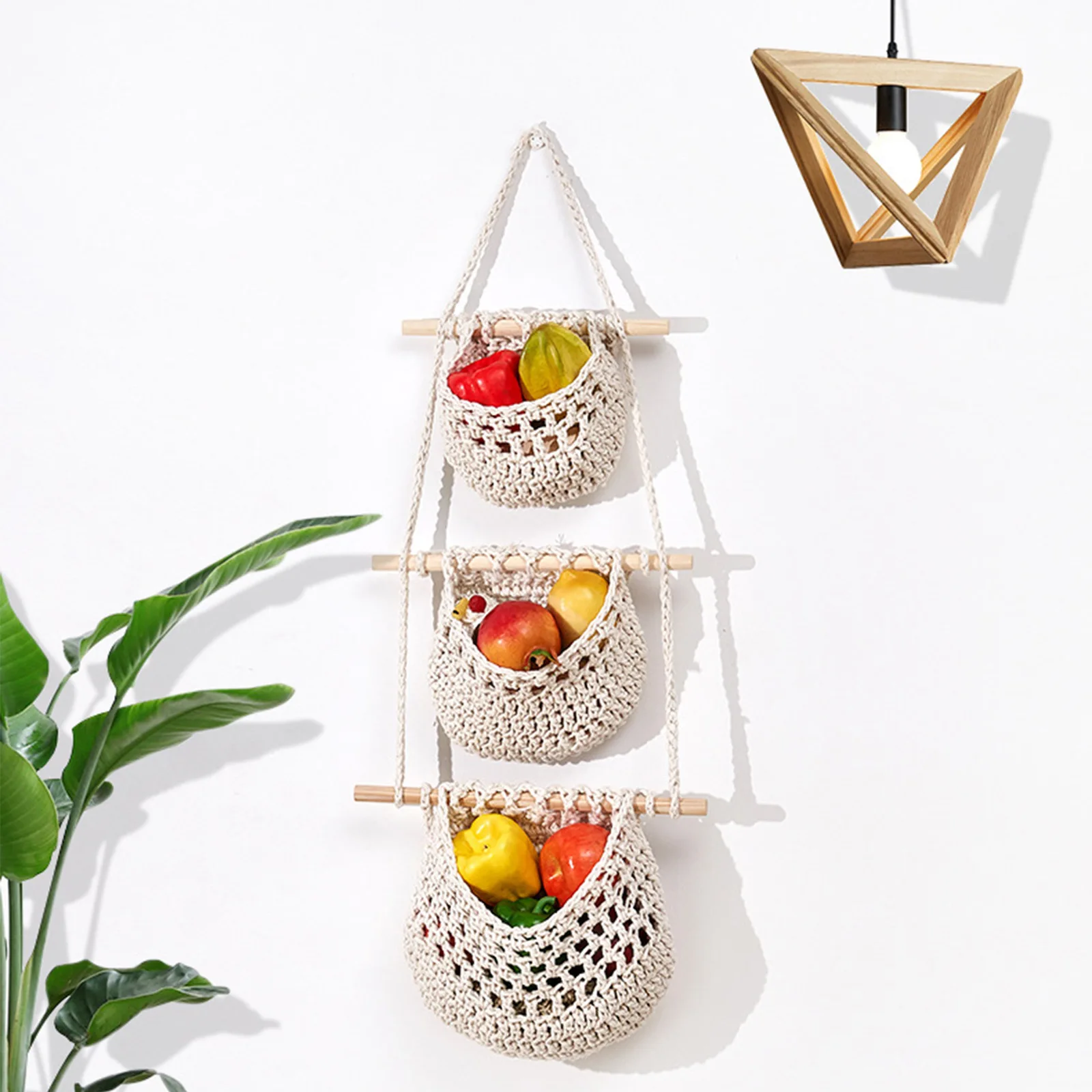 

Wall Fruit Basket Braided Bohemia Hanging Baskets For Kitchen Fruit And Vegetable Basket 3 Tier Storage Hanging Woven Pocket