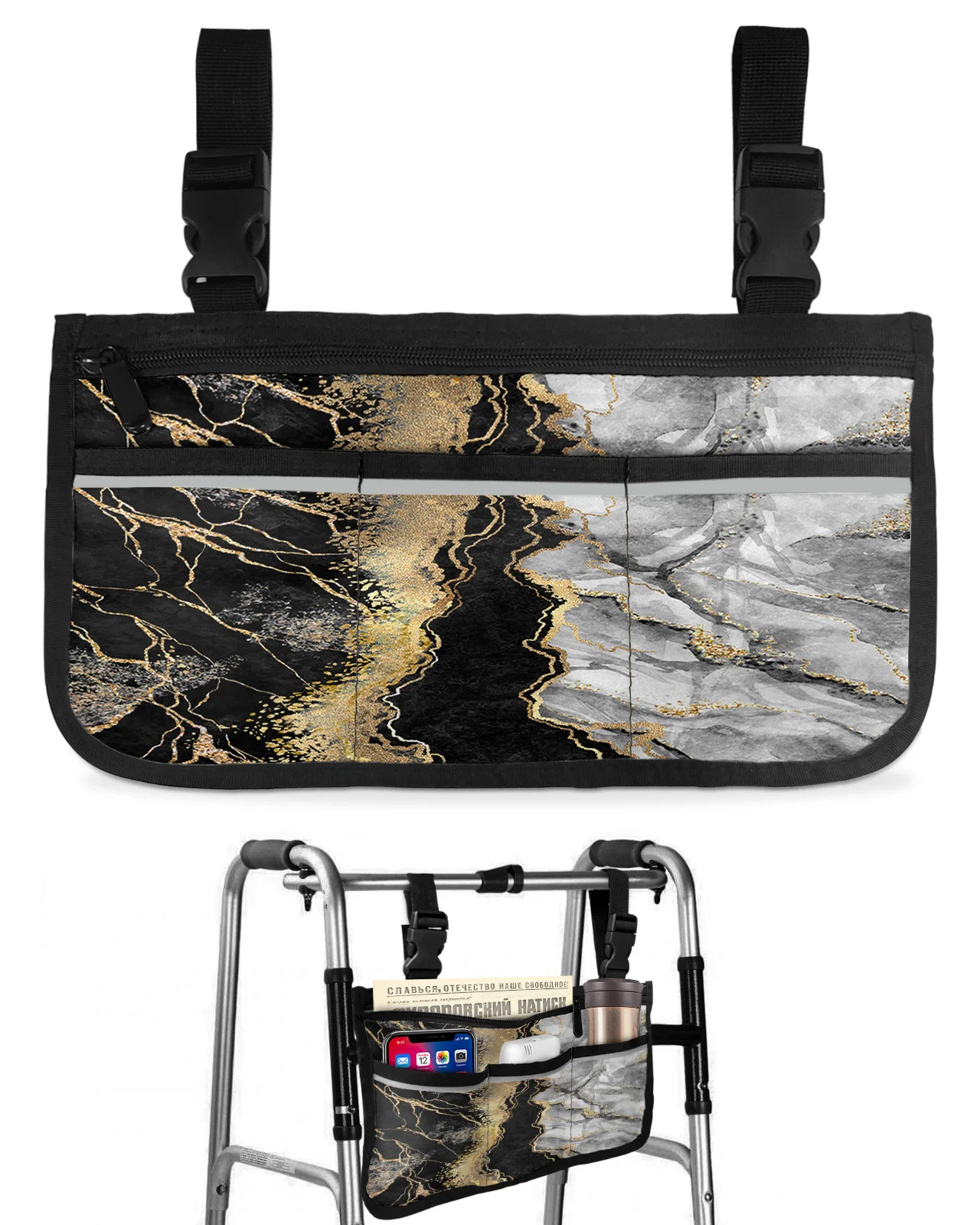 

Abstract Black Marble Wheelchair Bag With Pockets Armrest Side Bags Electric Scooter Walking Frame Storage Pouch