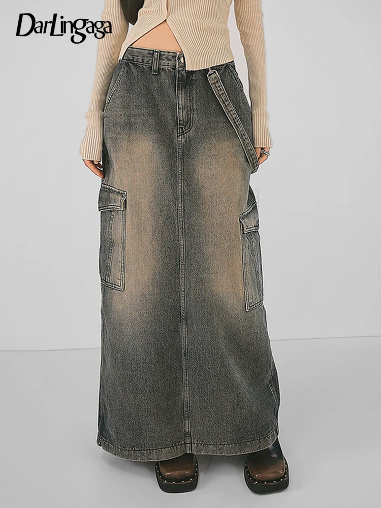 

Darlingaga Streetwear Fairycore Cargo Style Ribbon Denim Skirt Women Loose Distressed Y2K Pockets Low Rise Long Skirt Retro 2023