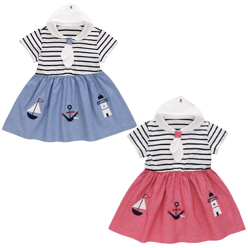 

F Family Kids Summer Girls Sailboat Embroidery Navy Neck Short Sleeve Dress Kids Stripe Color-Block Skirt