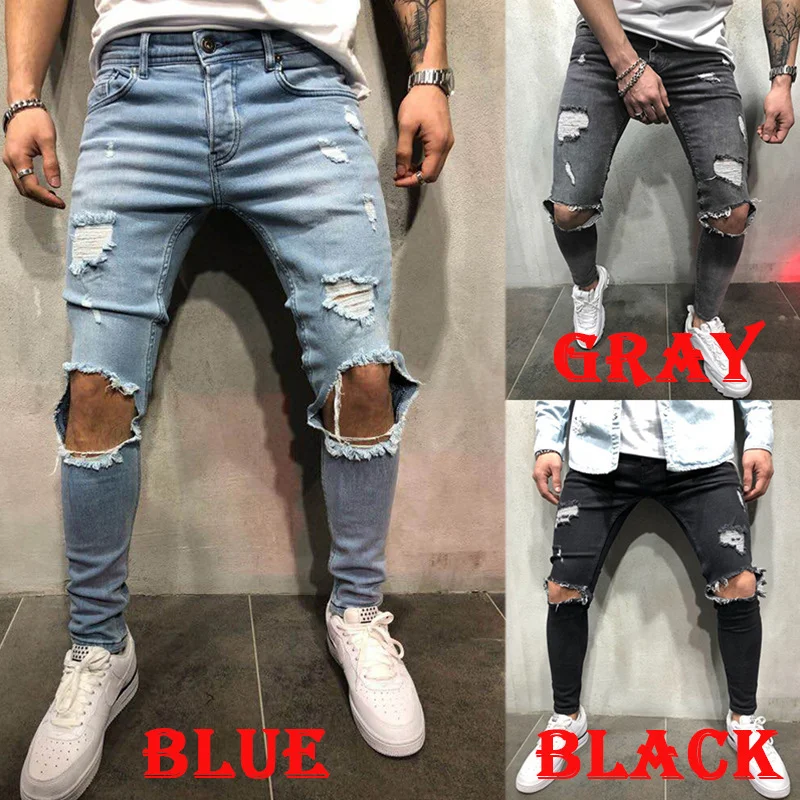 

2022 Stree twear Knee Ripped Skinny Jeans for Men Hip Hop Fashion Destroyed Hole Pants Solid Color Male Stretch Denim Trousers