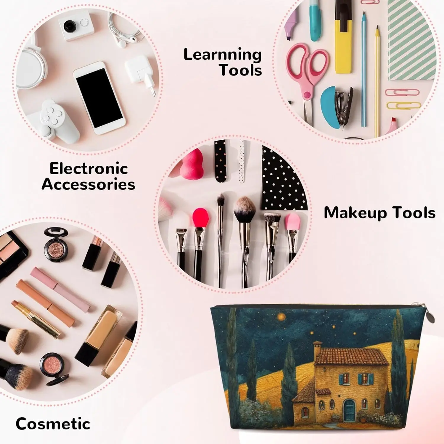 Косметичка полевой фермерский дом живопись луна косметичка дорожный органайзер