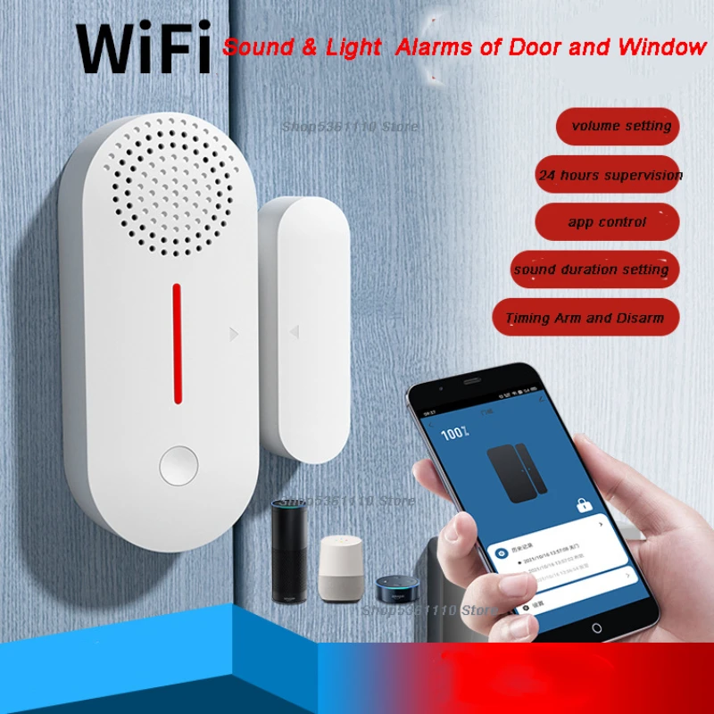 

Tuya Smart WiFi Door Window Sensor Sound WiFi Security Alarm Door Open Closed Detectors APP Remote Control Timing Arm and Disarm