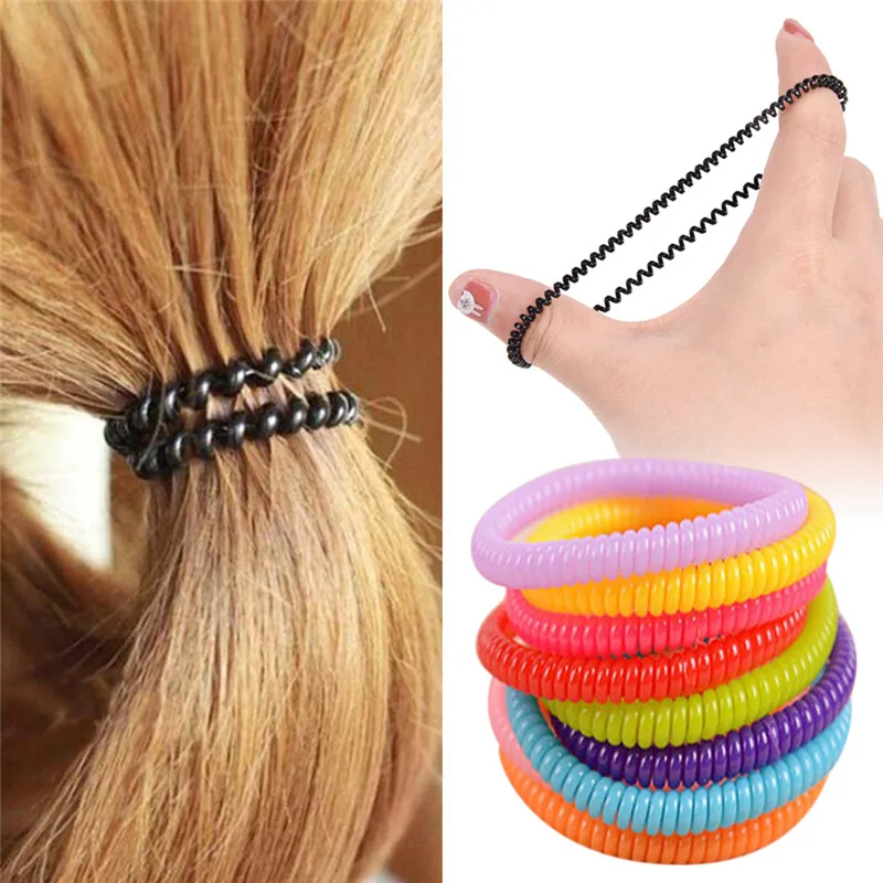 

10 pcs/pack High elastic Candy colored telephone line hair ring Accessories horsetail rope spring rubber band headwear Random