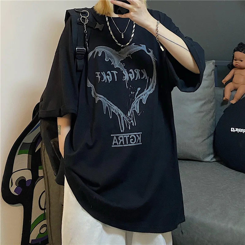 

Women Gothic Tshirts Street Vintage Chic Love Short Sleeve T-shirt Women's Summer Loose Oversze Versatile Round Neck Top