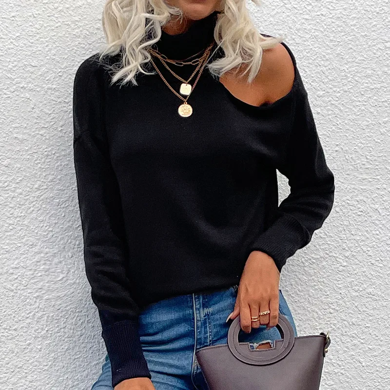 

2022 Autumn Women Sweaters Full Sleeve Turtleneck Casual Loose Style Sexy Off Shoulder Knitting Winter Female Pullovers C3913