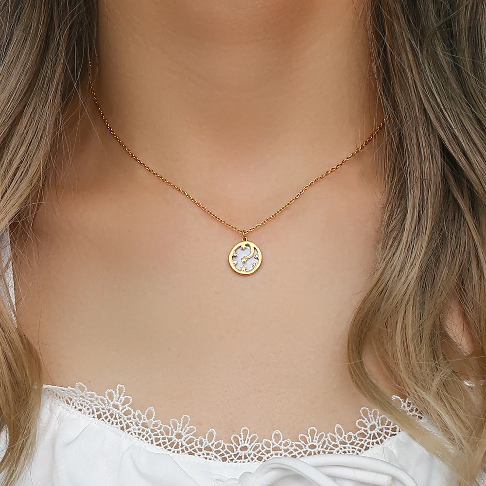

2022 New Stainless Steel PVD Plating Small Dainty Star Moon Coin Design Pendant Necklace Delicate Natural Shell Necklace