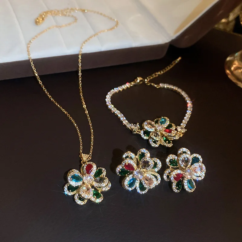 

Minar Luxury Sparkly CZ Cubic Zirconia Double Layered Flower Pendant Necklaces for Women Gold Plated Copper Choker Necklace Gift