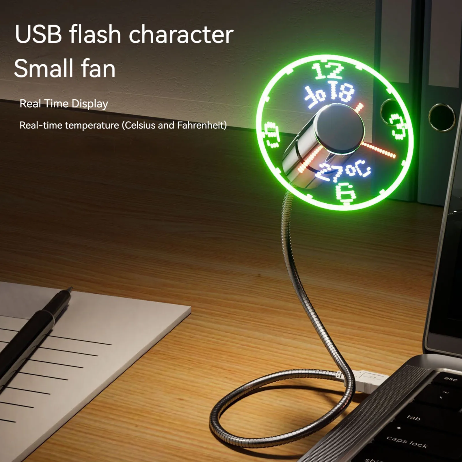 Фото USB-вентилятор с часами и функцией отображения температуры, портативный мини-вентилятор для офиса, дома и путешествий №1