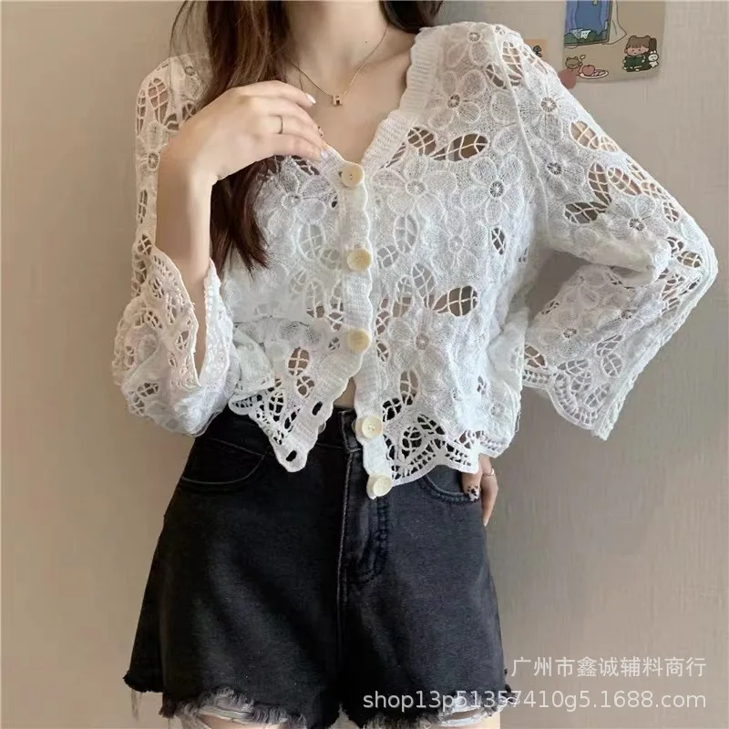 Элегантный вязаный топ с полыми крючками во французском стиле женский свободный