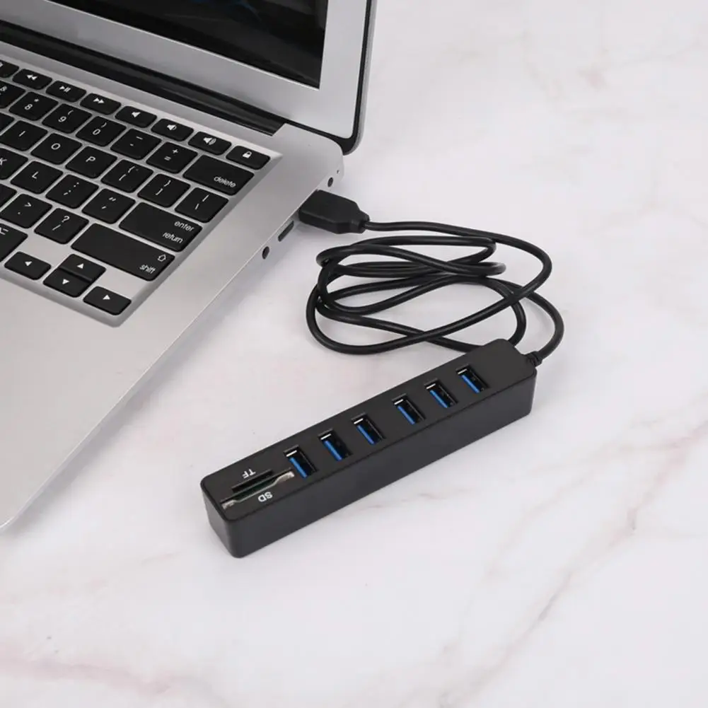 USB Hub with Long Cable 6 Ports Big Expansion Plug And Play Hot Swappable Data Transfer ABS Card Reader SD/TF Data Hub