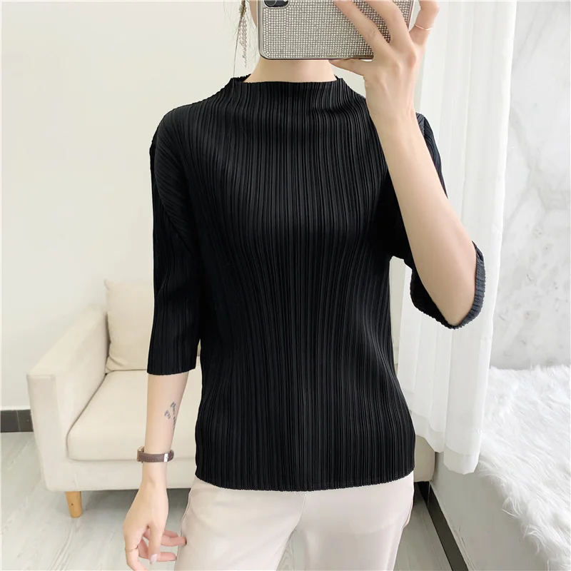 

Sid Cor Half Sleeve High Neck Slim T-shirt Miyak Pleated Women Large Size Casual Base Tee Female Summer All-match Top